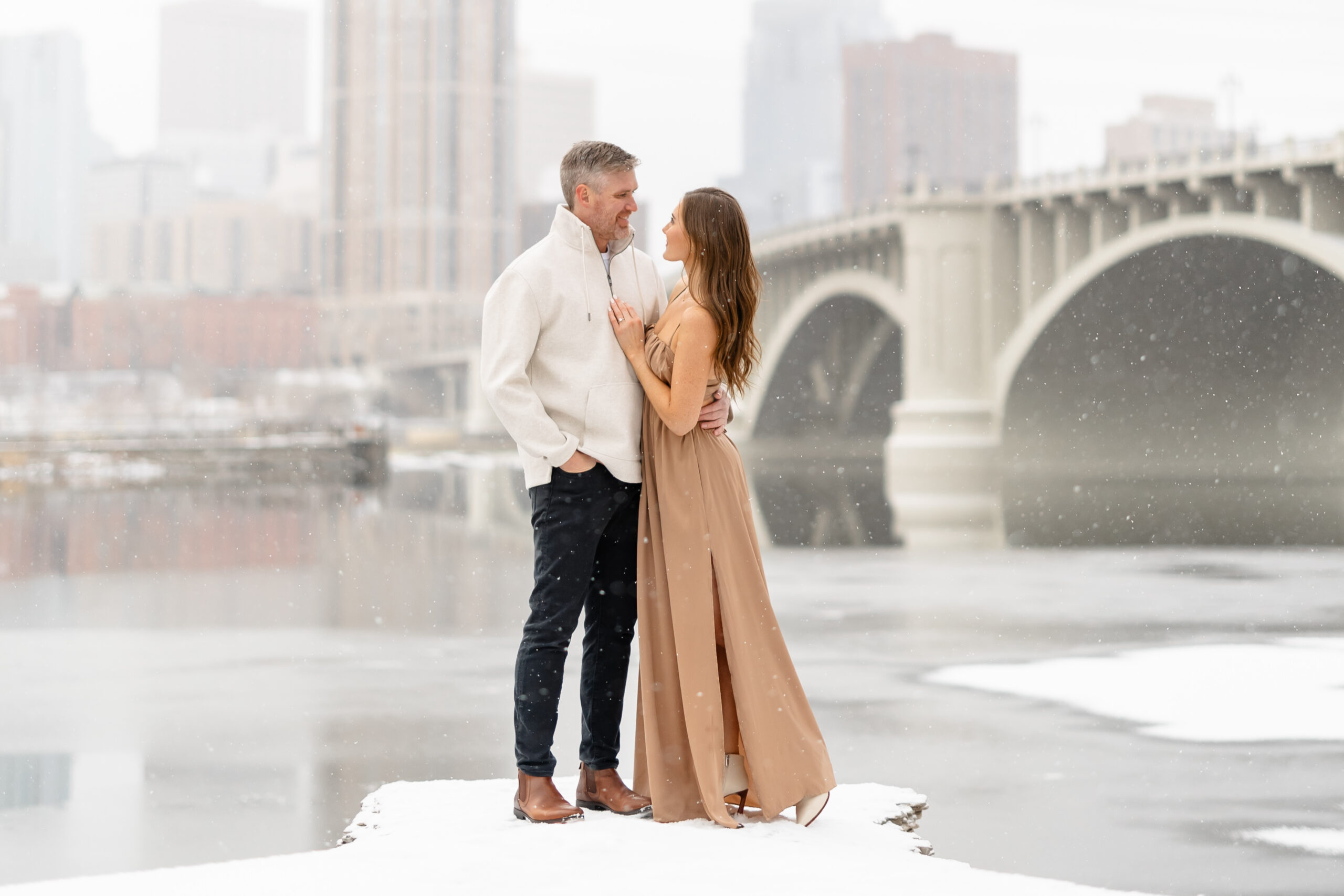 Snowy downtown Minneapolis engagement session